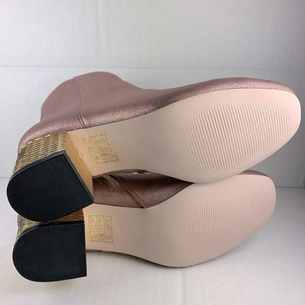 ASOS pink shimmer ankle bootie gold textured gold block heels